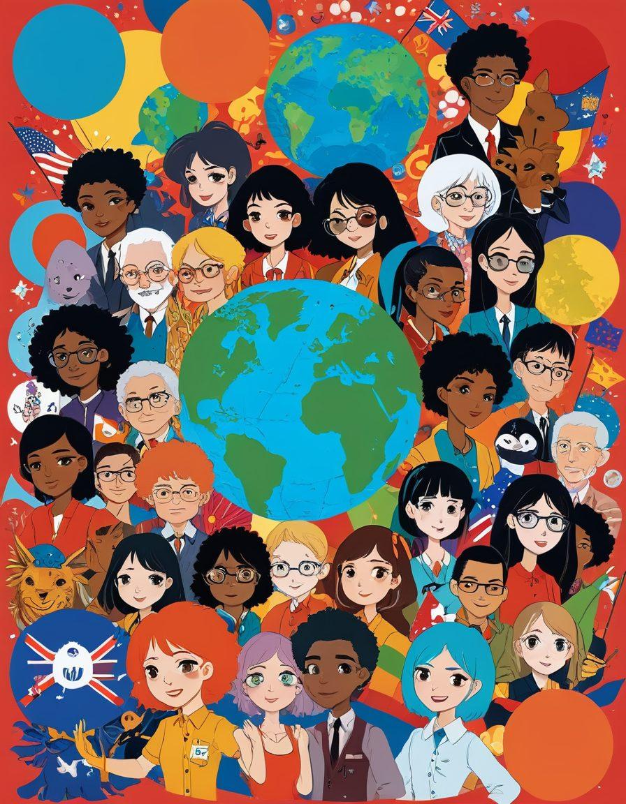 A vibrant and playful collage featuring cartoonish characters from various cultures engaging in lighthearted and diplomatic activities, juxtaposed with subtle elements of eroticism, like oversized exaggerated features. Include symbols of global unity, such as flags or globes, in the background. The color palette should be lively and bold, capturing a sense of fun and curiosity. Combine styles of anime and cartoons while ensuring a humorous and respectful tone. vector art. vibrant colors.