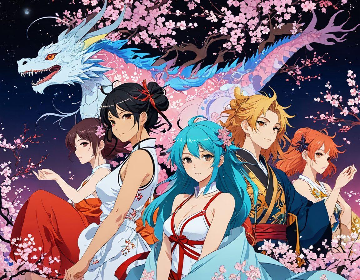 A colorful collage showcasing various artistic styles of hentai, featuring a blend of characters in dynamic poses, surrounded by elements representing different cultures like cherry blossoms, dragons, and abstract patterns. The background has a dreamy, ethereal quality, with hints of neon lights symbolizing the digital age. Overall, the image should encapsulate the essence of adult animation and its cultural significance. vibrant colors. super-realistic. manga-inspired.
